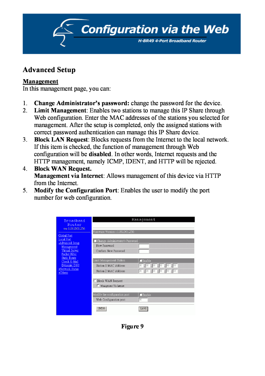 Hawking Technology H-BR49 manual Advanced Setup, Management, Block WAN Request 