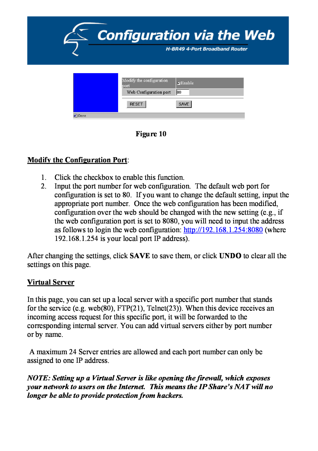 Hawking Technology H-BR49 manual Modify the Configuration Port, Virtual Server 