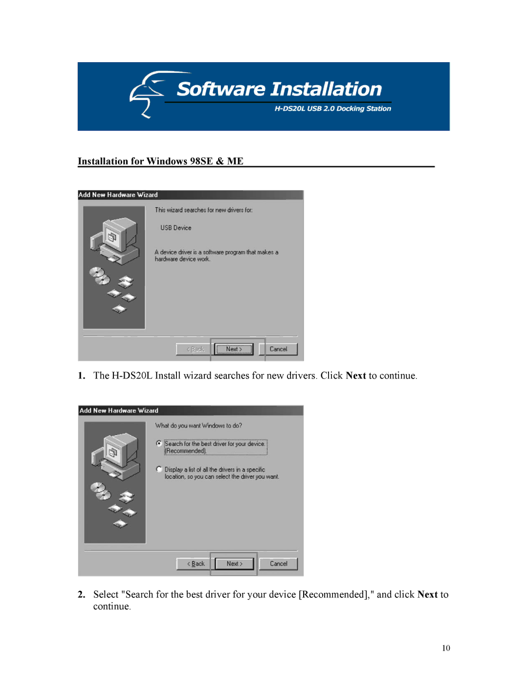 Hawking Technology H-DS20L manual Installation for Windows 98SE & ME 