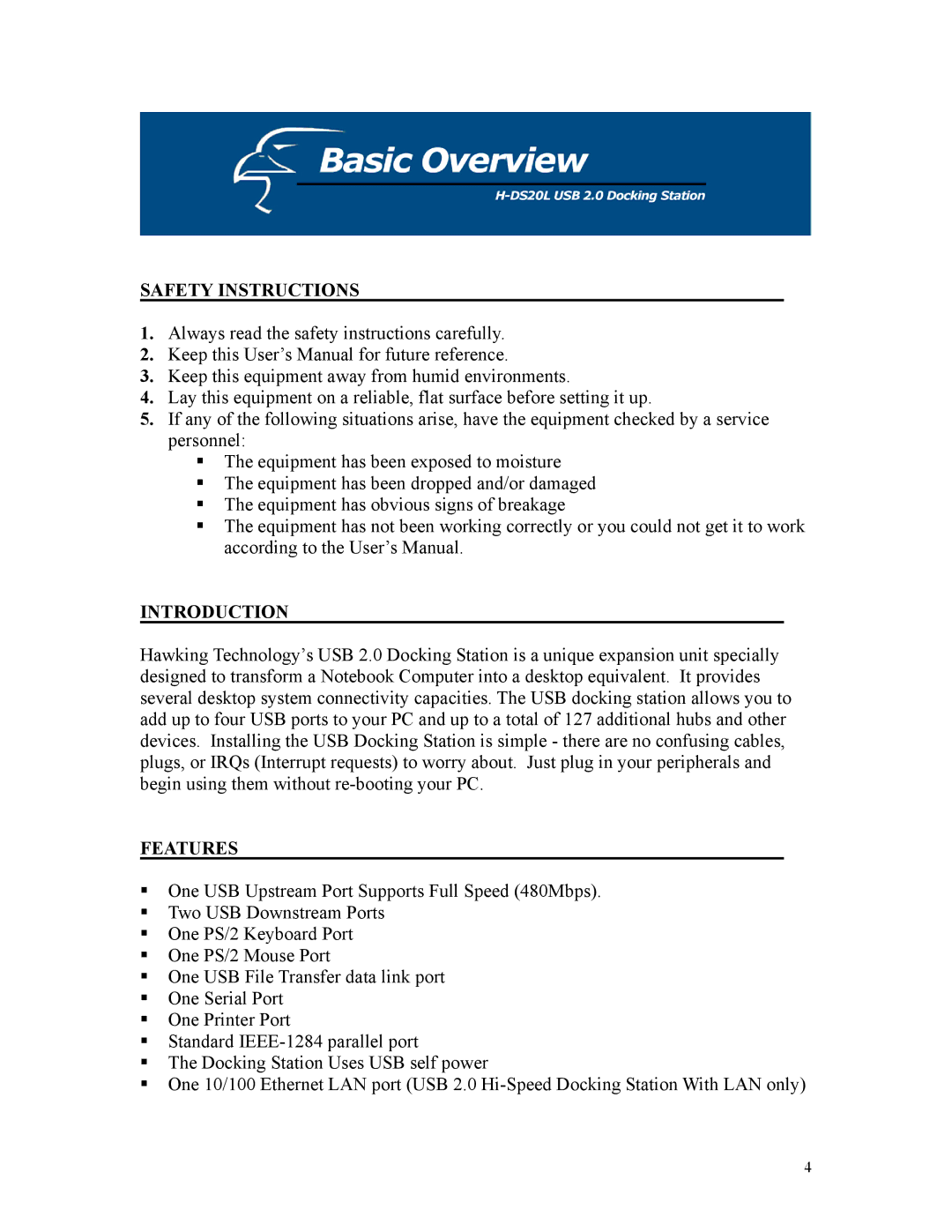 Hawking Technology H-DS20L manual Safety Instructions 