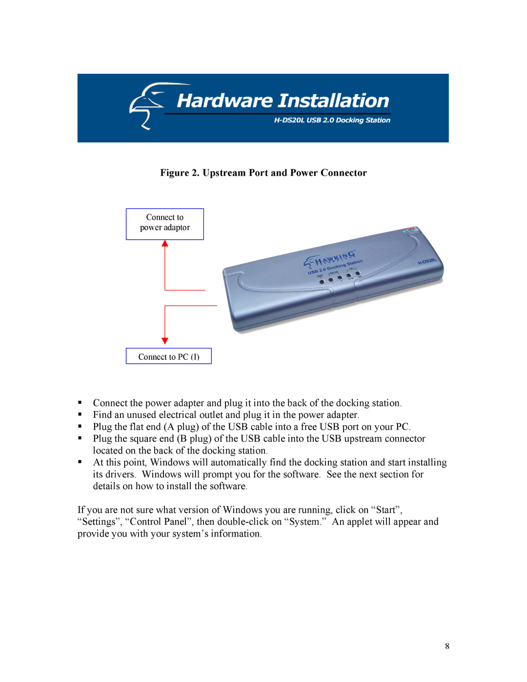 Hawking Technology H-DS20L manual Upstream Port and Power Connector 