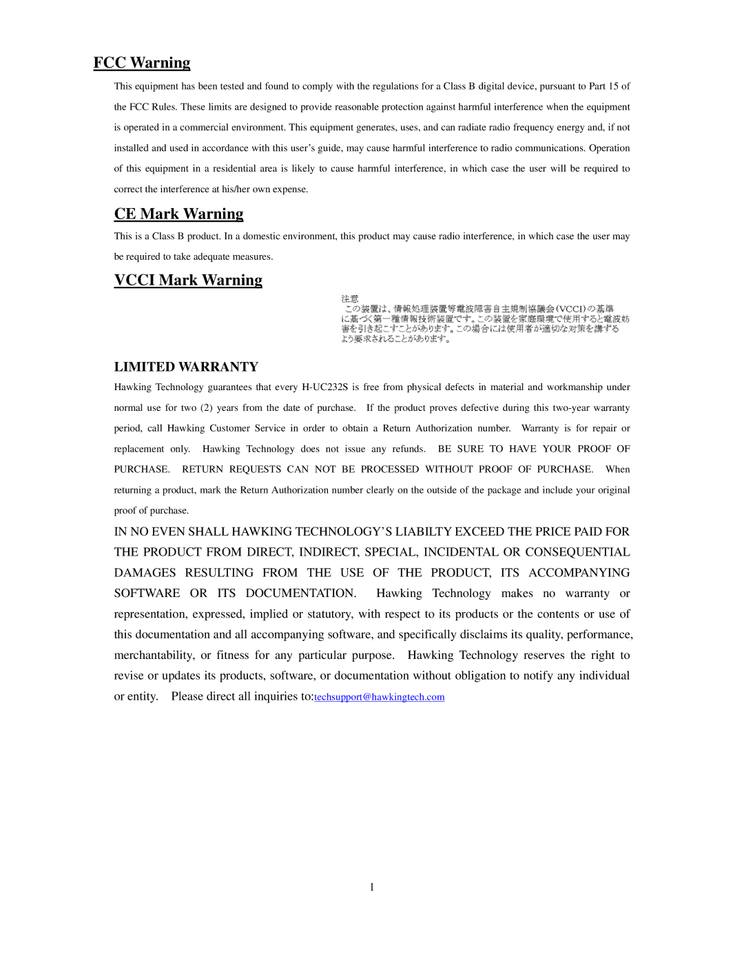 Hawking Technology H-UC232S manual FCC Warning 