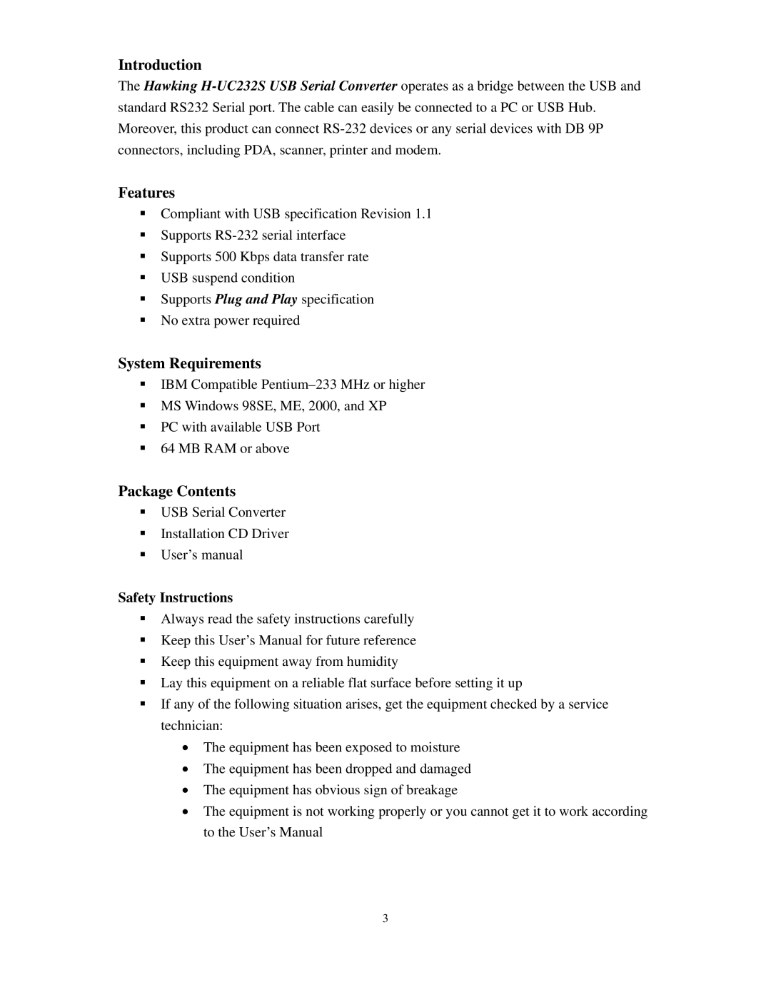 Hawking Technology H-UC232S manual Introduction 