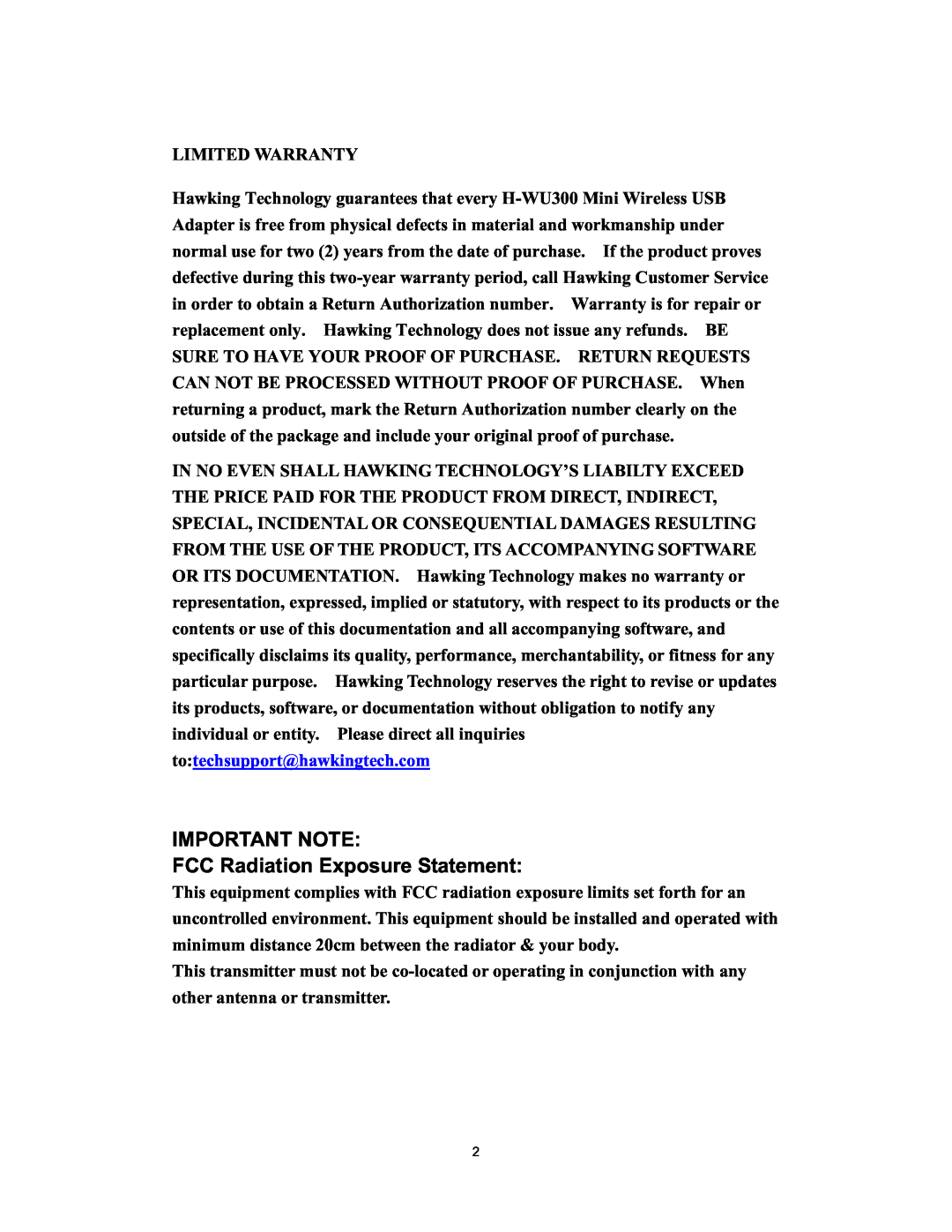 Hawking Technology H-WU300 manual IMPORTANT NOTE FCC Radiation Exposure Statement 