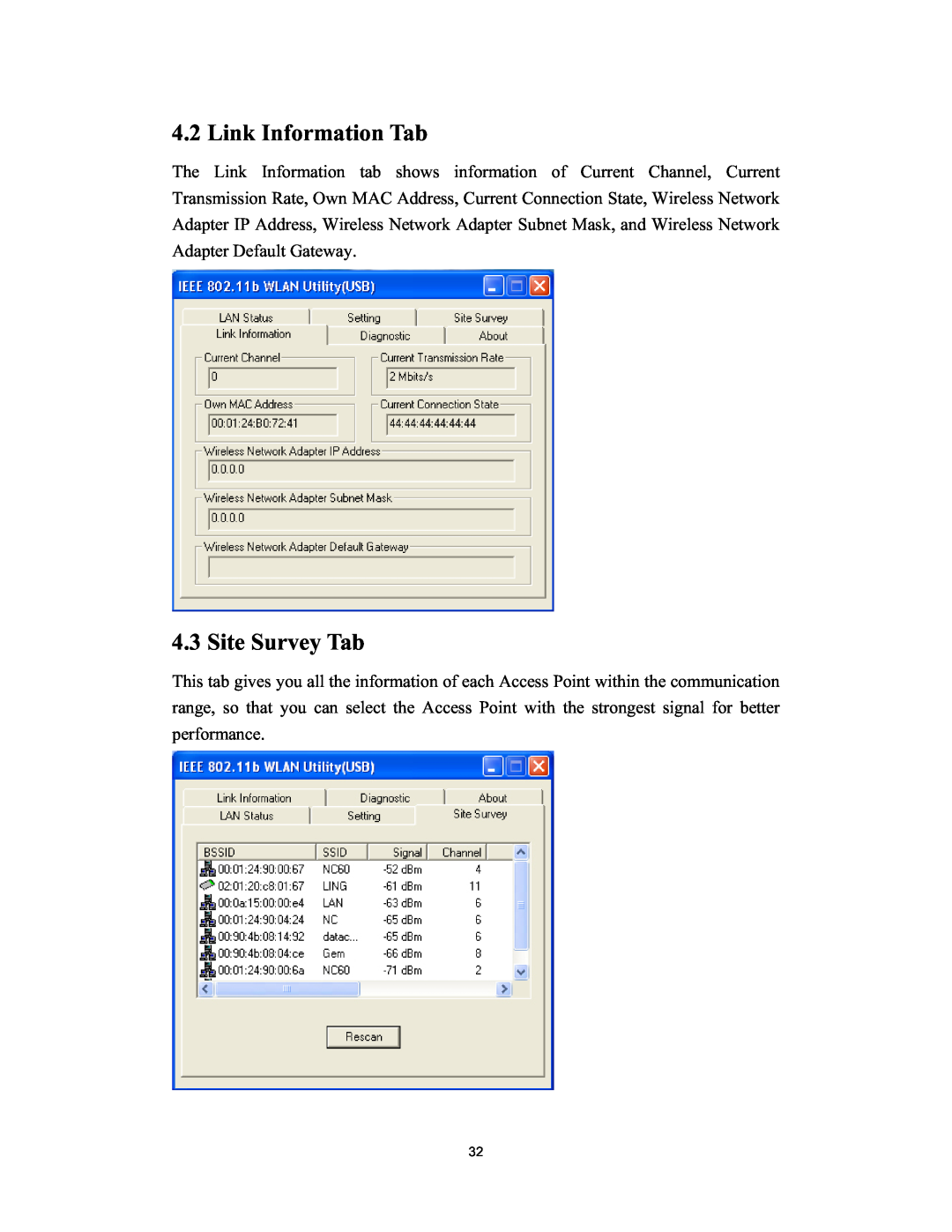 Hawking Technology H-WU300 manual Link Information Tab, Site Survey Tab 