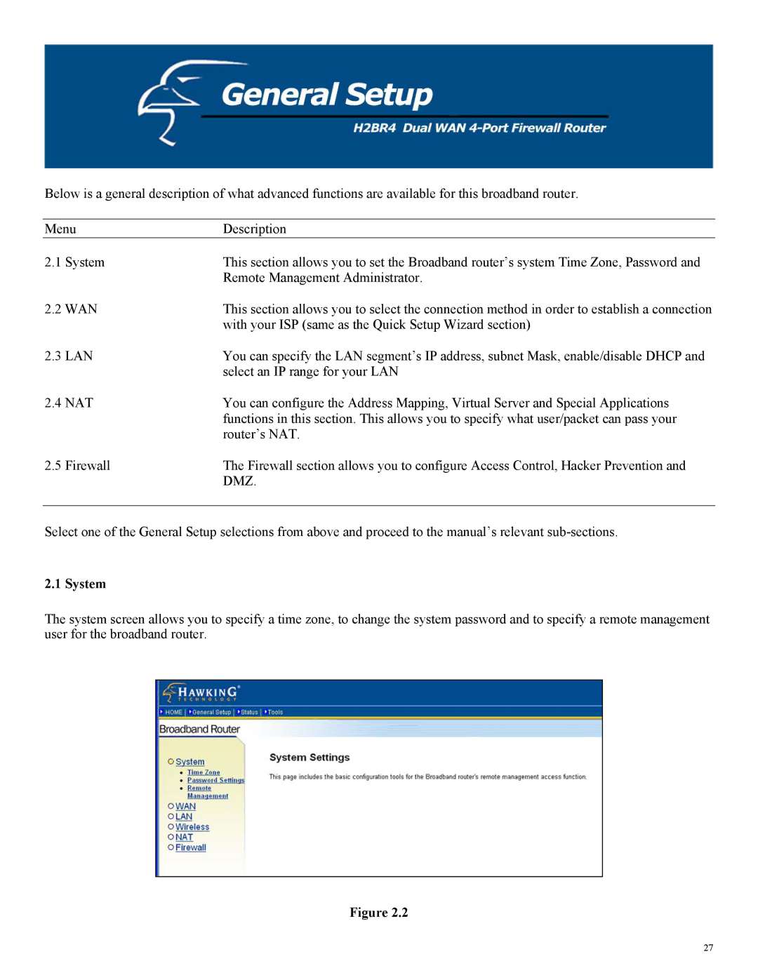 Hawking Technology H2BR4 manual Wan, System 