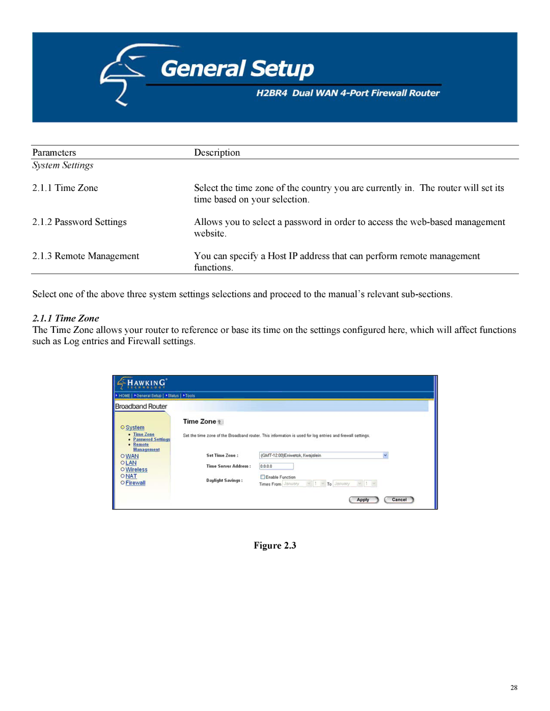 Hawking Technology H2BR4 manual System Settings, Time Zone 