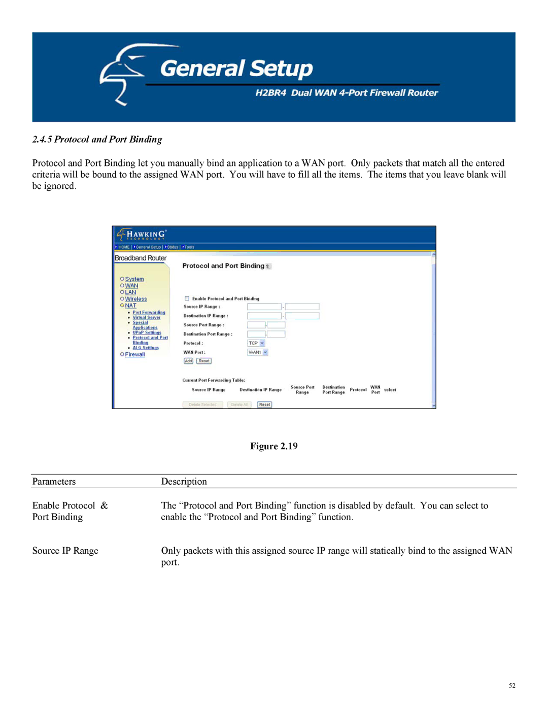 Hawking Technology H2BR4 manual Protocol and Port Binding 