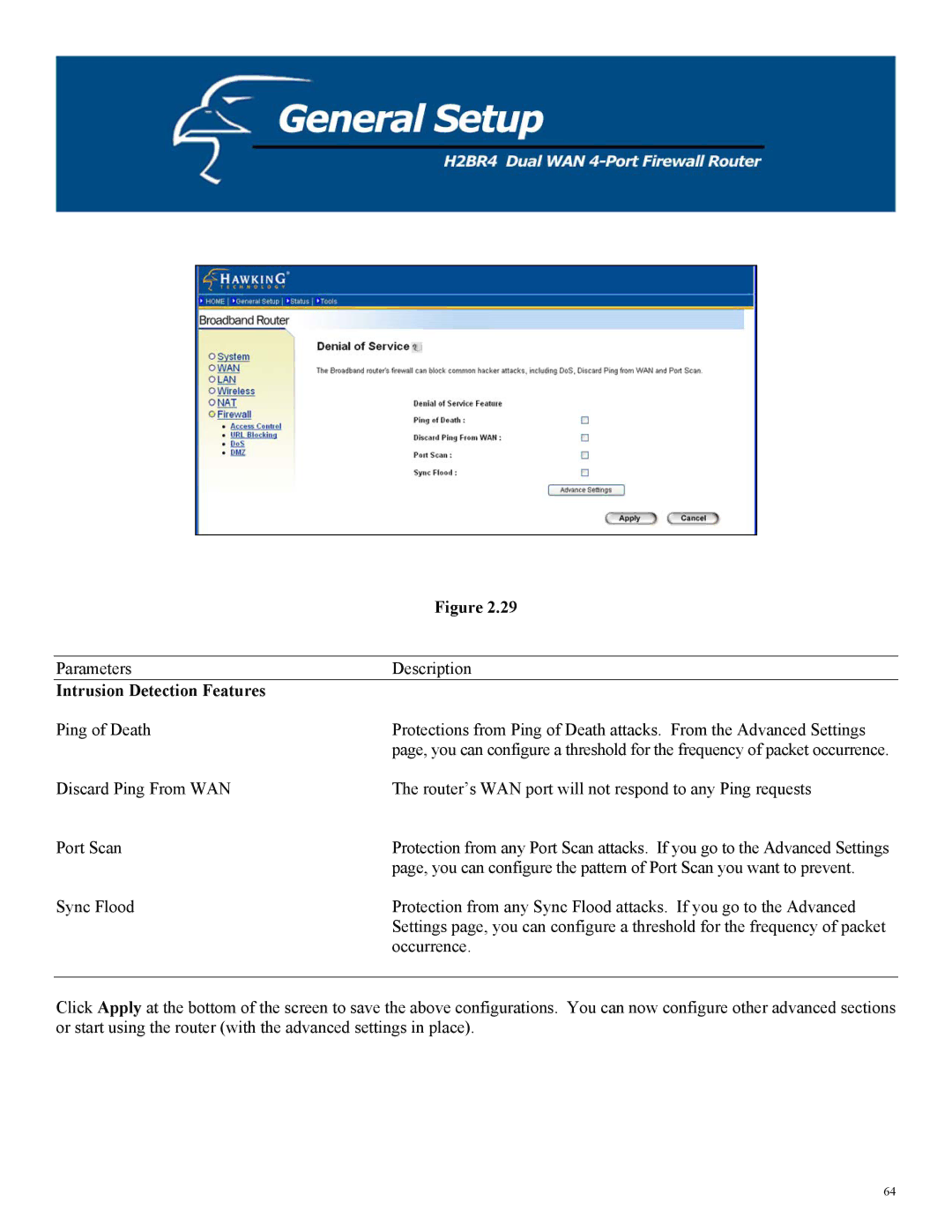 Hawking Technology H2BR4 manual Intrusion Detection Features 