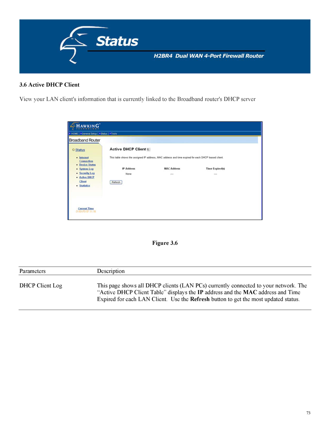 Hawking Technology H2BR4 manual Active Dhcp Client 