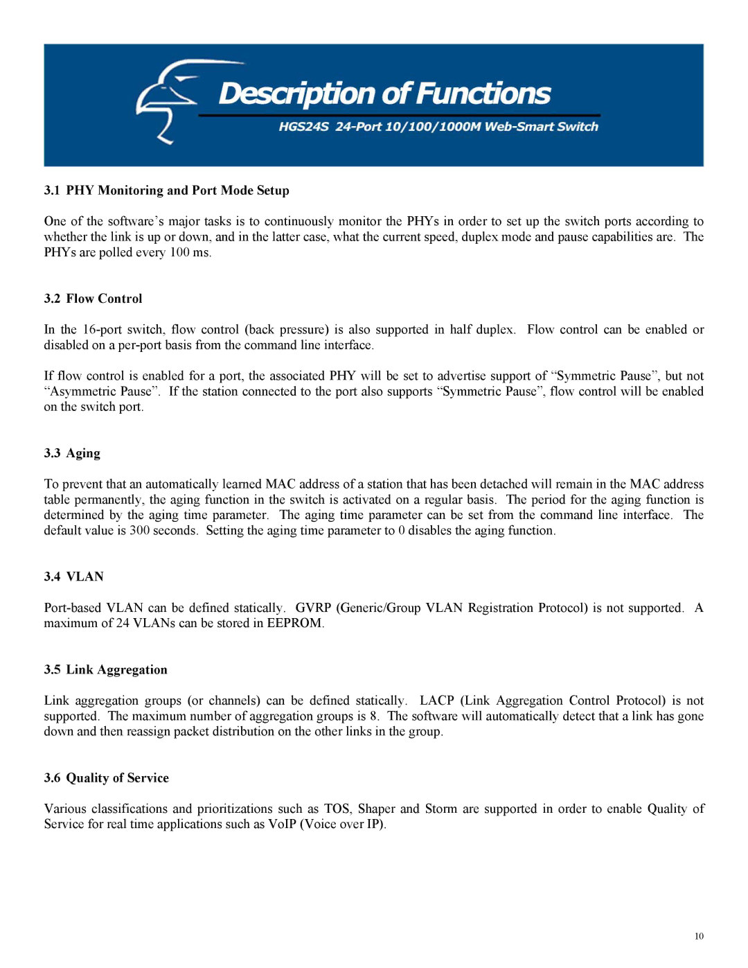 Hawking Technology HGS24S manual PHY Monitoring and Port Mode Setup, Flow Control, Aging, Vlan, Link Aggregation 