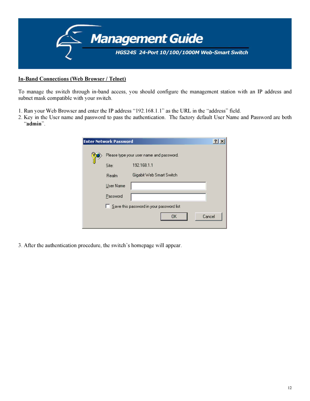 Hawking Technology HGS24S manual In-Band Connections Web Browser / Telnet 