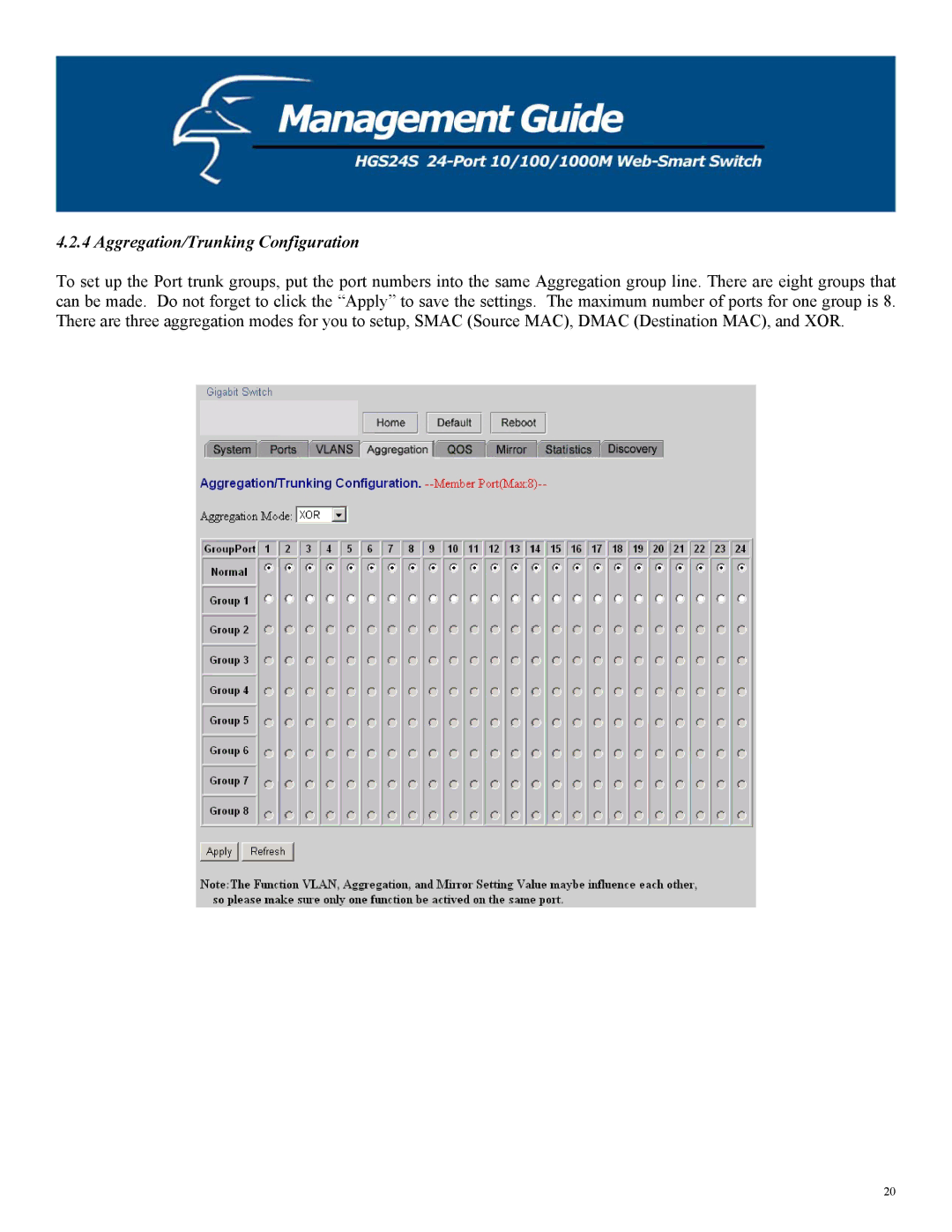 Hawking Technology HGS24S manual Aggregation/Trunking Configuration 