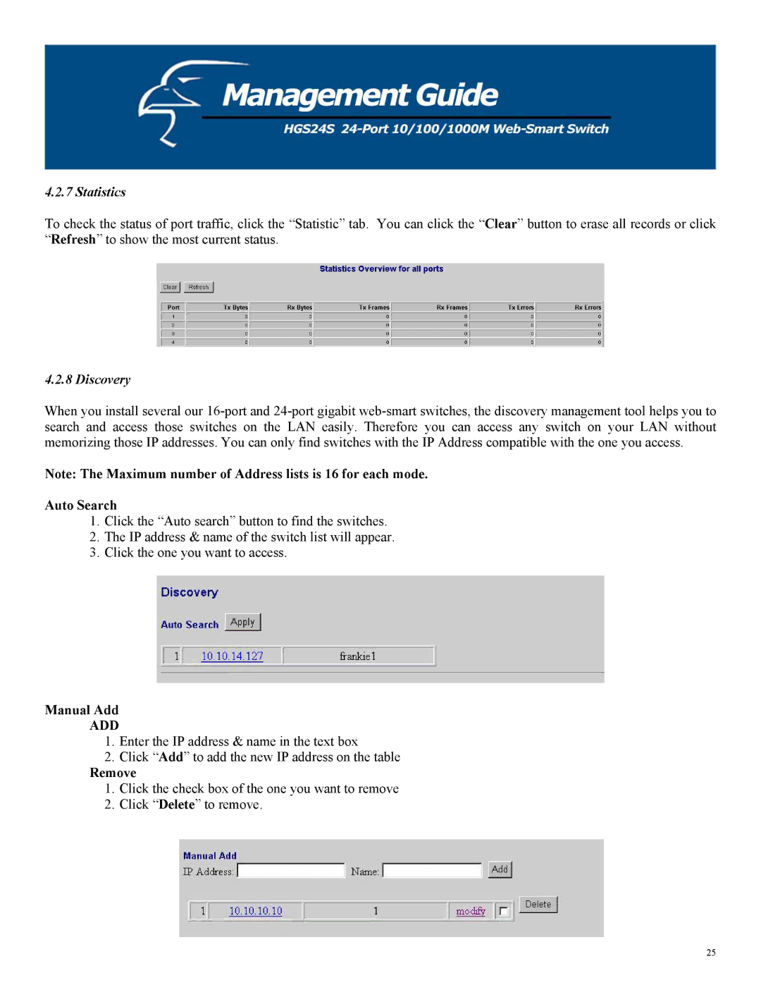 Hawking Technology HGS24S manual Statistics, Discovery, Auto Search, Manual Add, Remove 