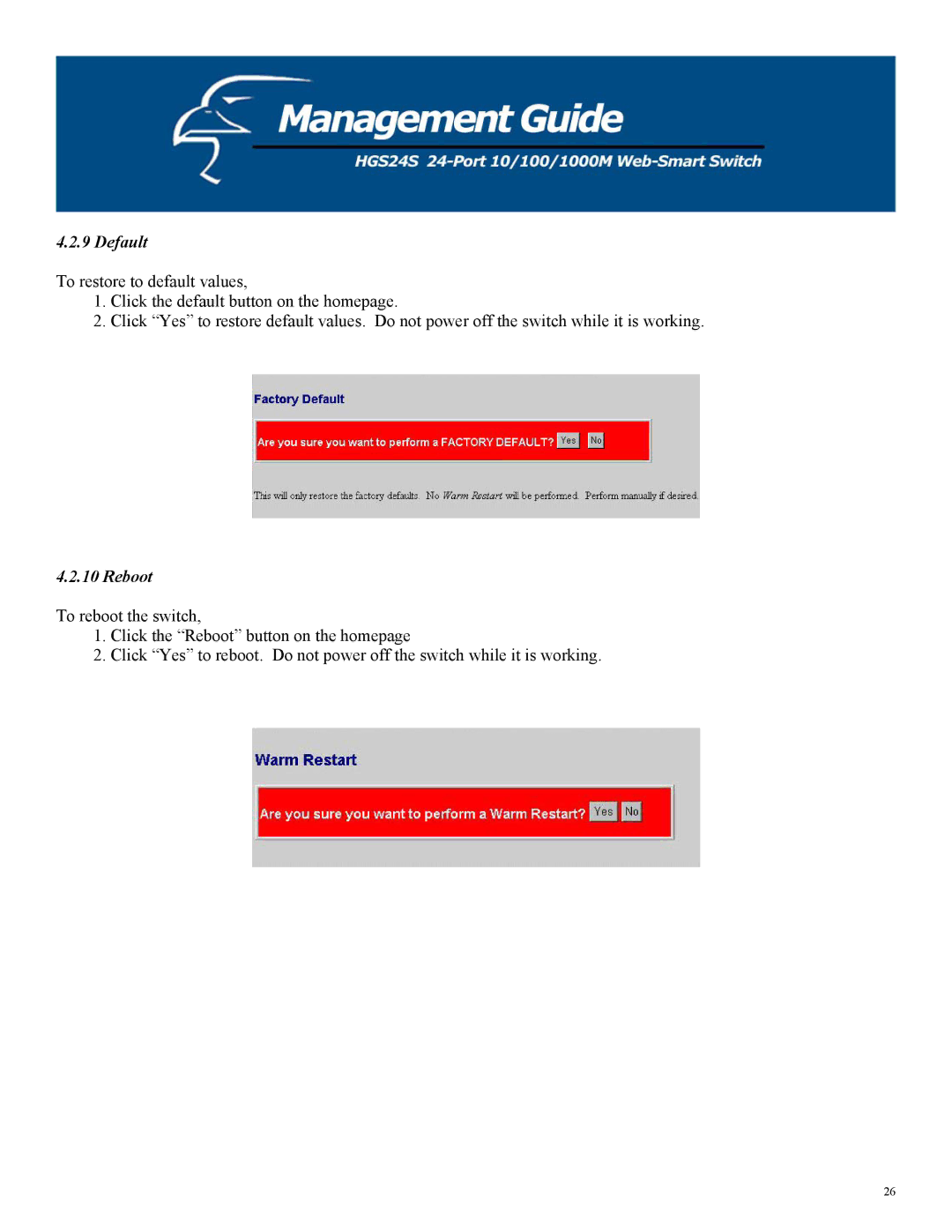 Hawking Technology HGS24S manual Default, Reboot 