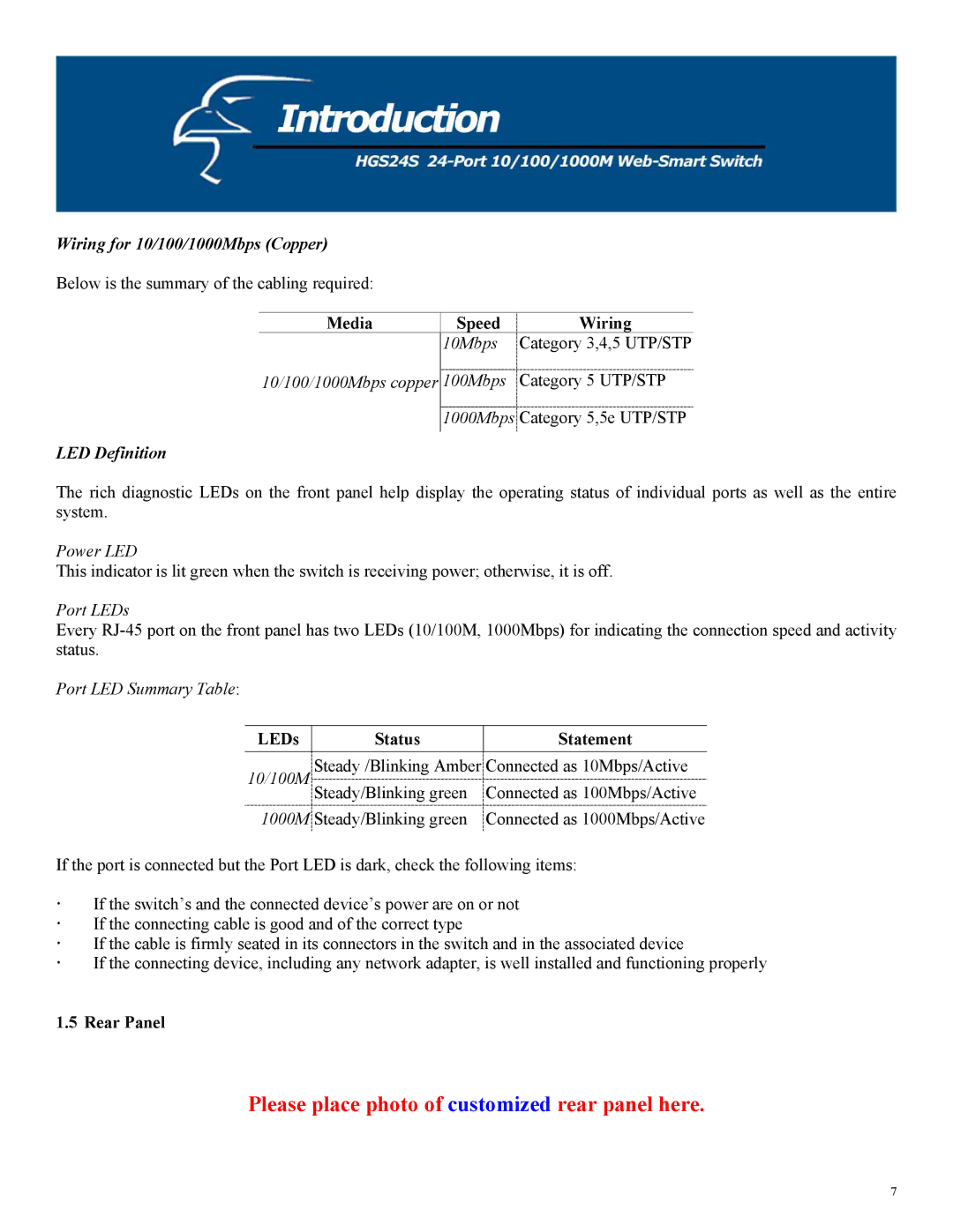 Hawking Technology HGS24S Wiring for 10/100/1000Mbps Copper, Media Speed Wiring, LED Definition, LEDs Status Statement 