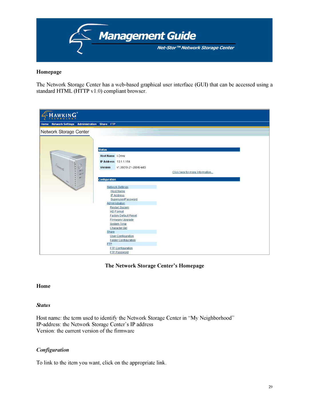 Hawking Technology HNAS1 manual Network Storage Center’s Homepage, Status, Configuration 