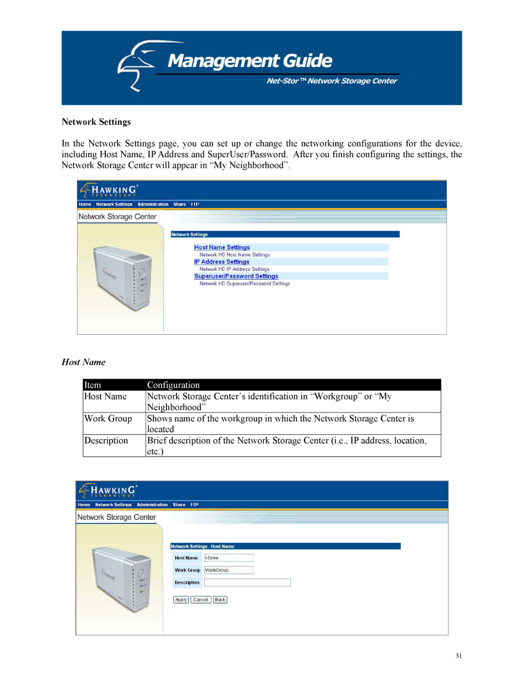 Hawking Technology HNAS1 manual Network Settings, Host Name 