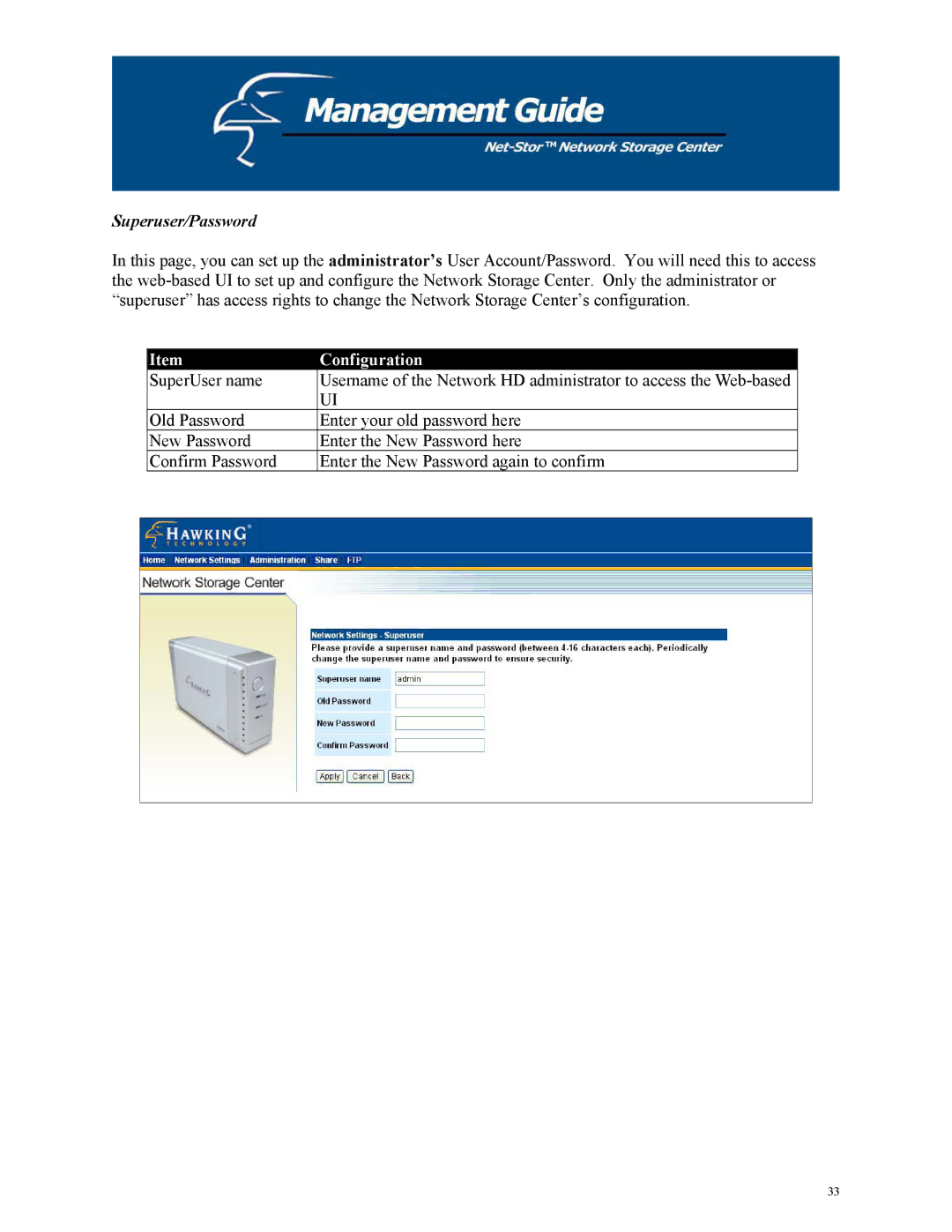 Hawking Technology HNAS1 manual Superuser/Password 