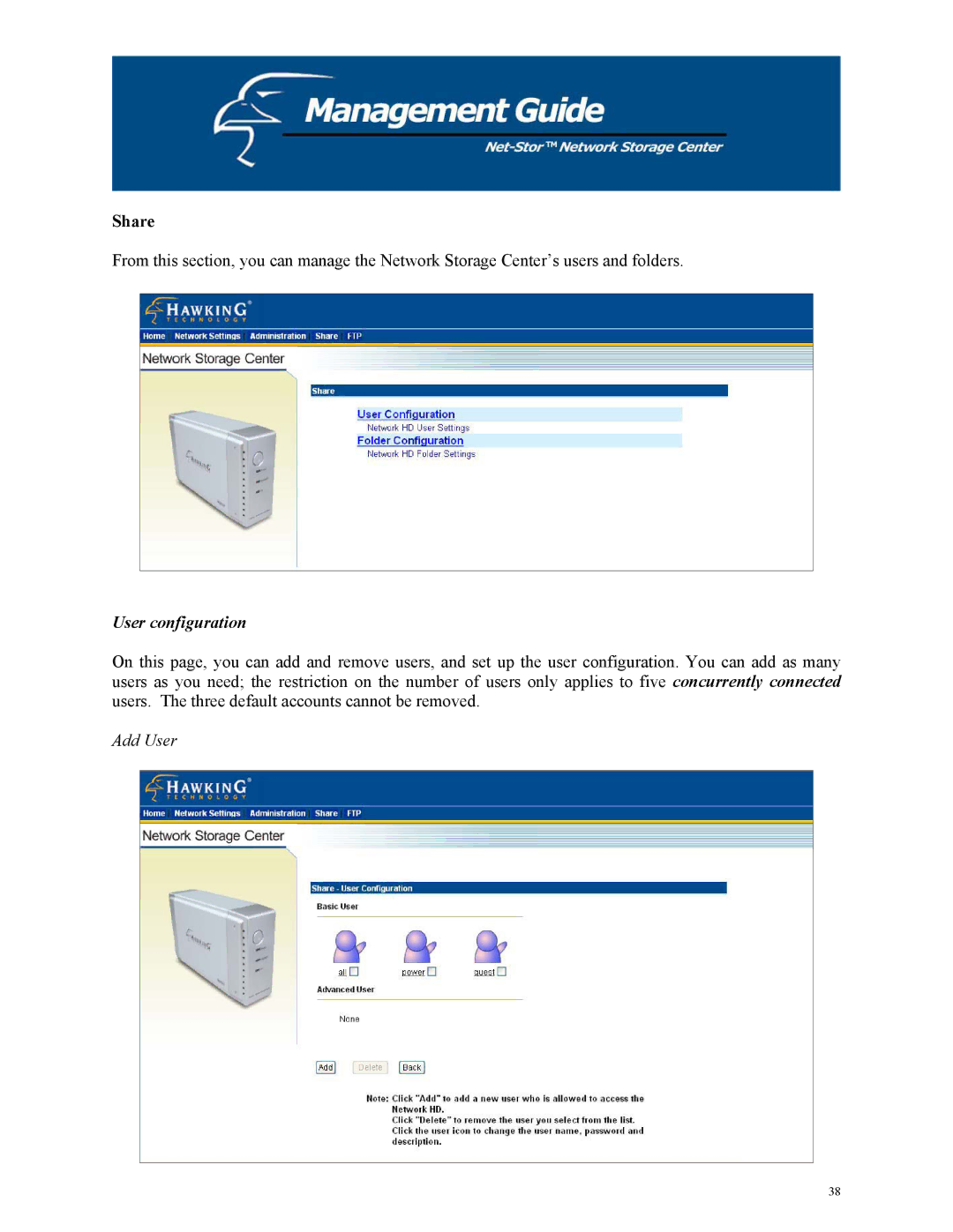 Hawking Technology HNAS1 manual Share, User configuration 