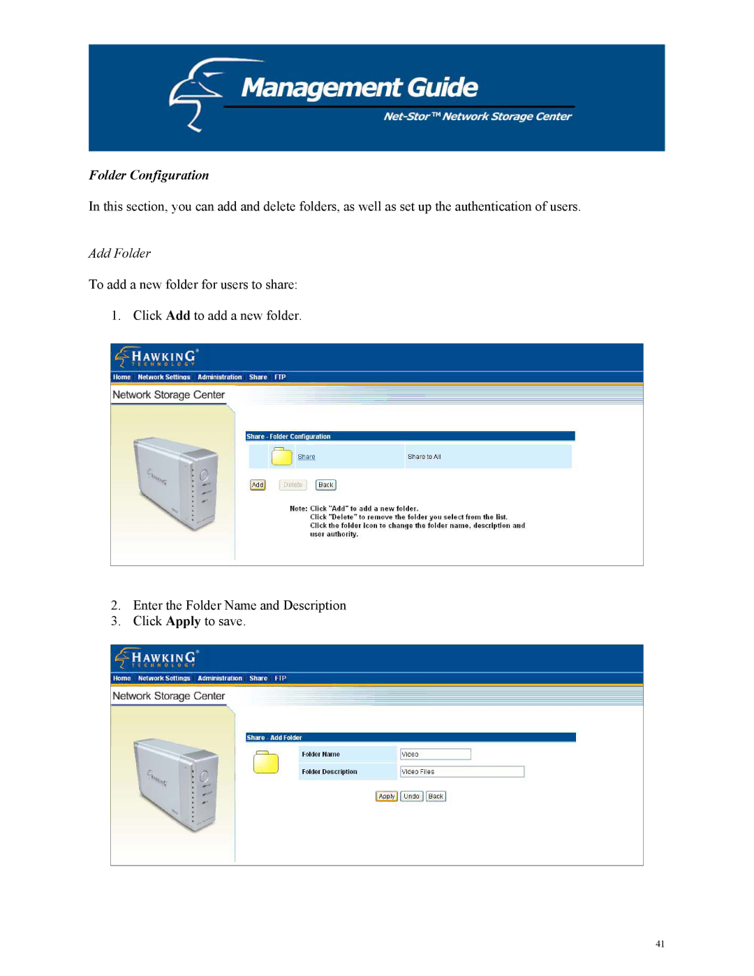 Hawking Technology HNAS1 manual Folder Configuration, Add Folder 