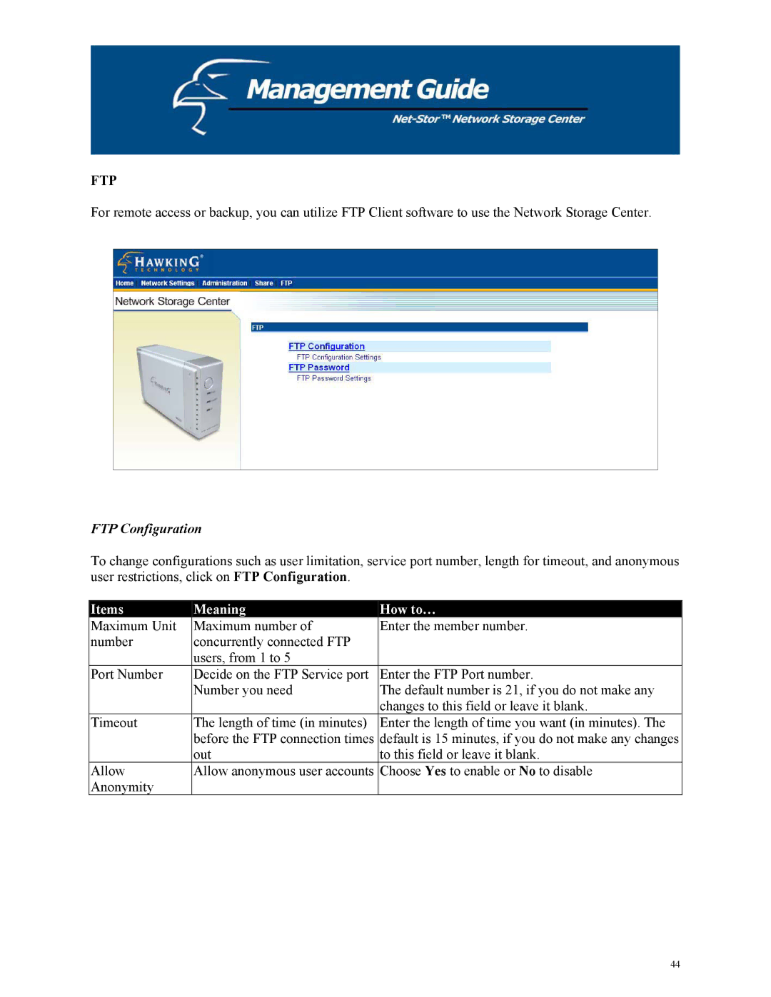 Hawking Technology HNAS1 manual Ftp, FTP Configuration 