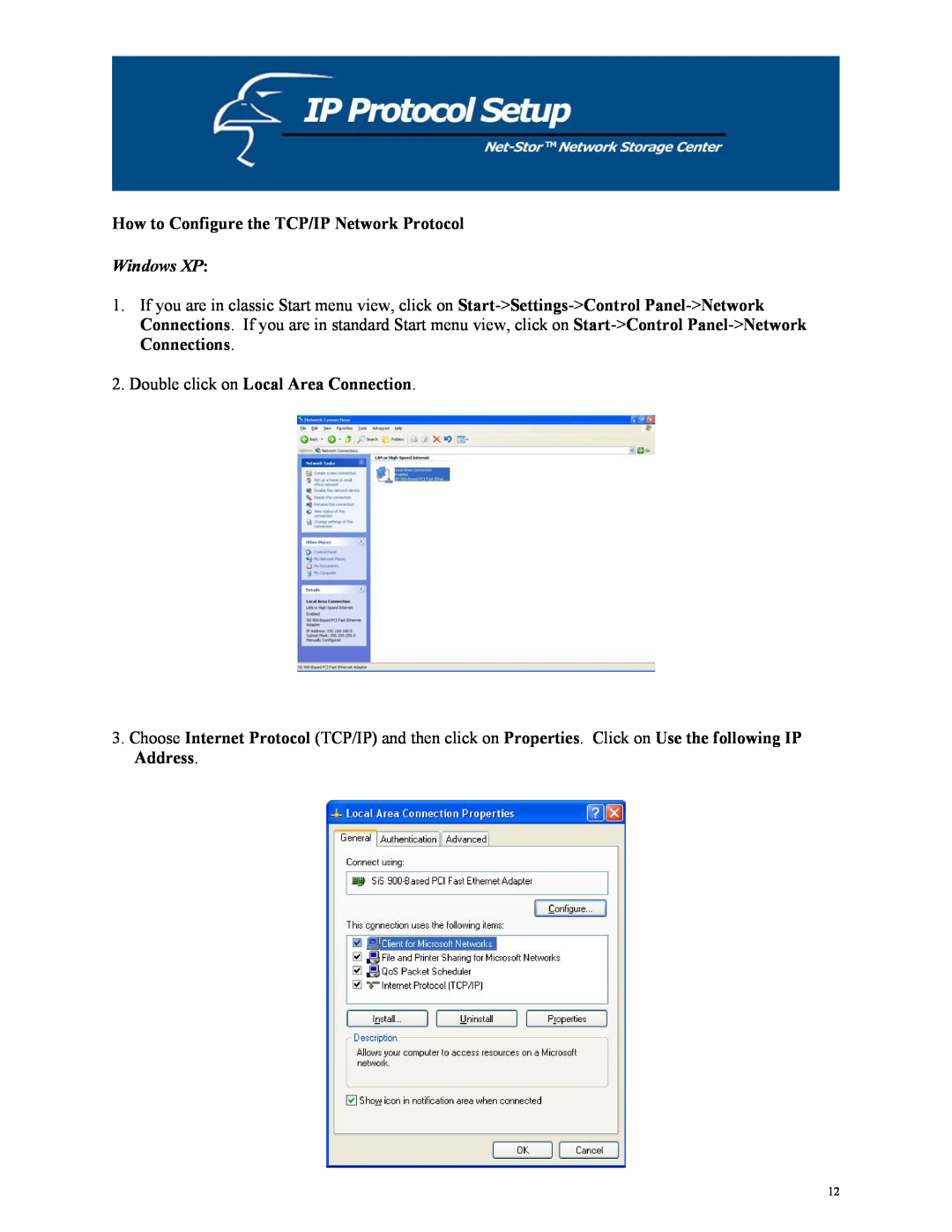 Hawking Technology HNAS1 How to Configure the TCP/IP Network Protocol, Windows XP, Double click on Local Area Connection 