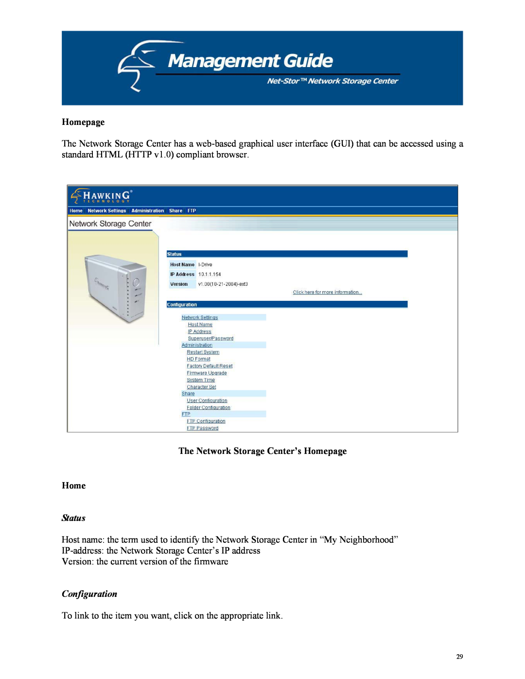 Hawking Technology HNAS1 manual The Network Storage Center’s Homepage Home, Status, Configuration 