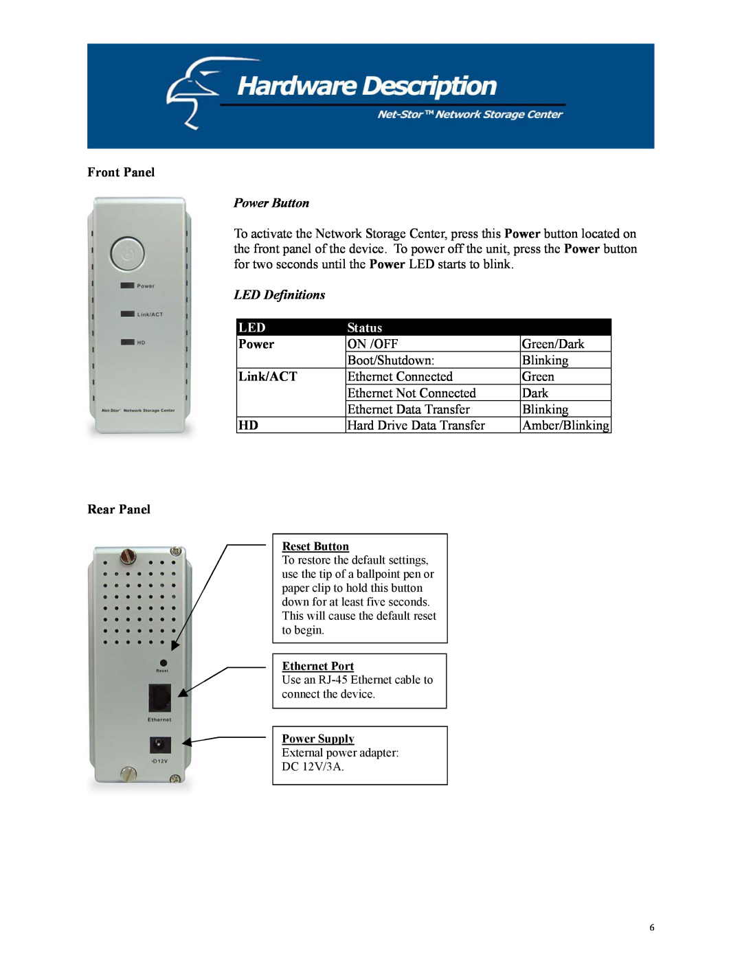 Hawking Technology HNAS1 manual Front Panel, Power Button, LED Definitions, Status, Link/ACT, Rear Panel 