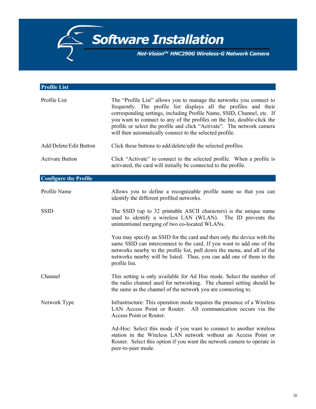 Hawking Technology HNC290G manual Profile List, Configure the Profile 