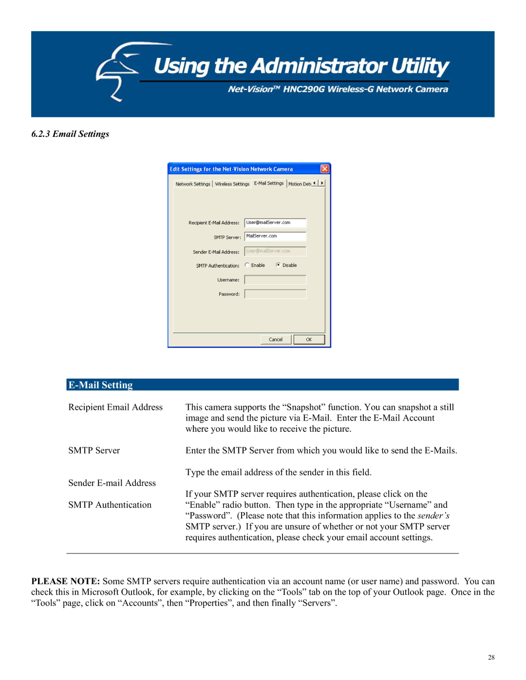 Hawking Technology HNC290G manual Mail Setting, Email Settings 