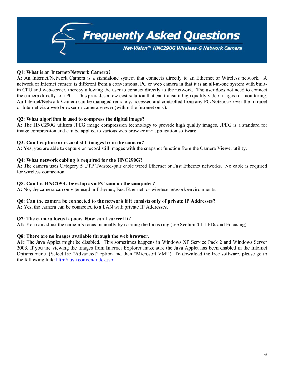 Hawking Technology manual Q1 What is an Internet/Network Camera?, Q4 What network cabling is required for the HNC290G? 