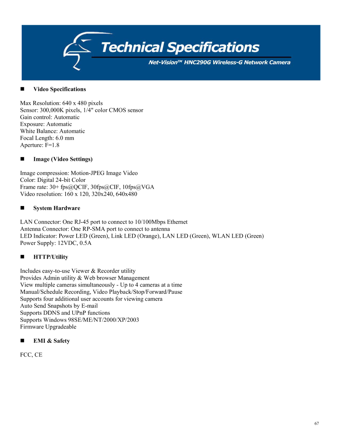 Hawking Technology HNC290G manual „ Video Specifications, „ Image Video Settings, „ System Hardware, „ HTTP/Utility 