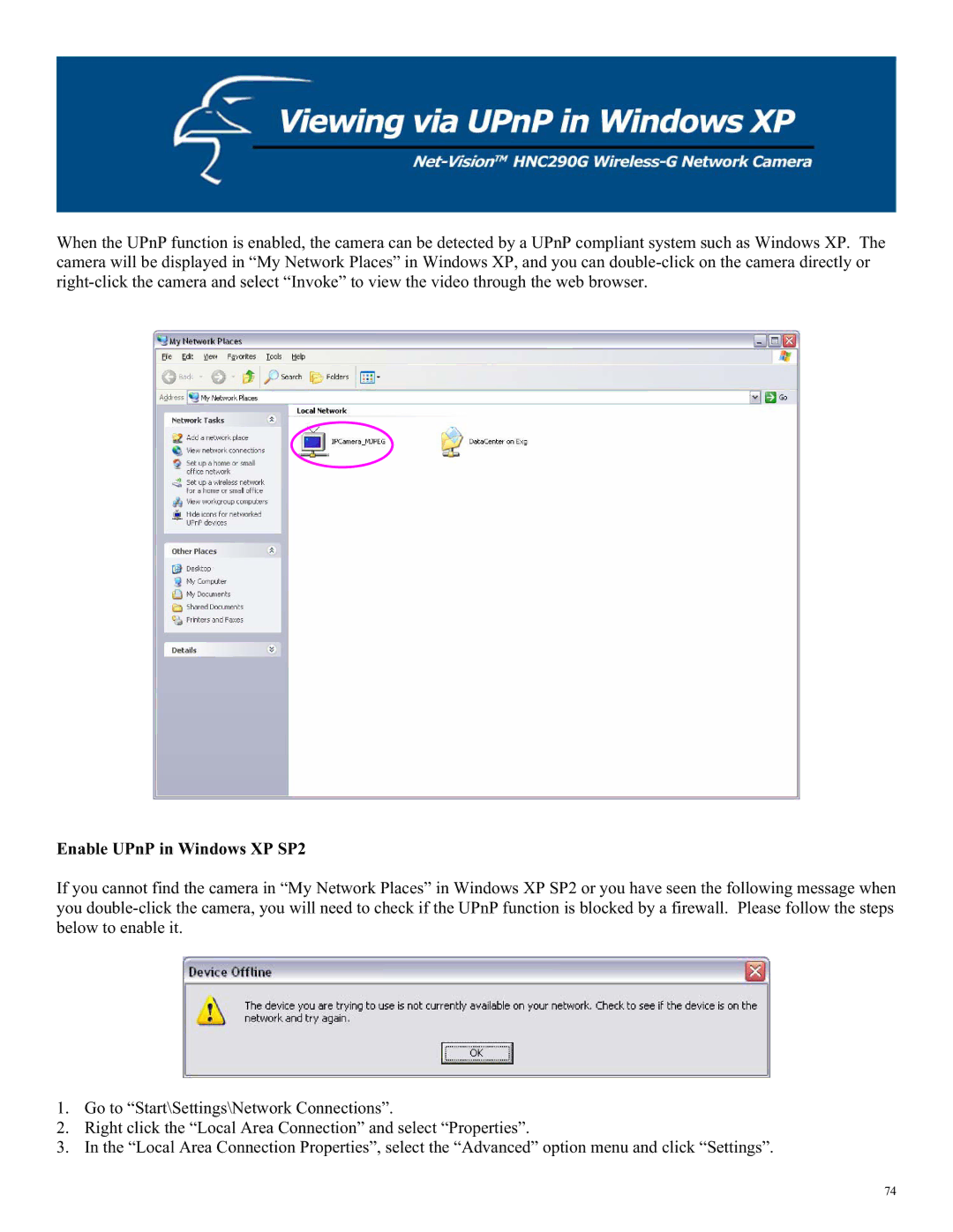 Hawking Technology HNC290G manual Enable UPnP in Windows XP SP2 