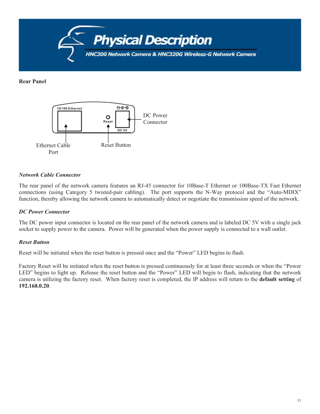 Hawking Technology HNC320G, HNC300 manual Rear Panel, Network Cable Connector, DC Power Connector, Reset Button 