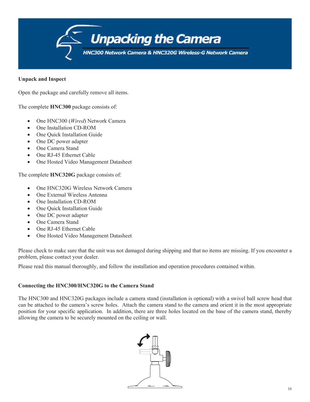 Hawking Technology manual Unpack and Inspect, Connecting the HNC300/HNC320G to the Camera Stand 