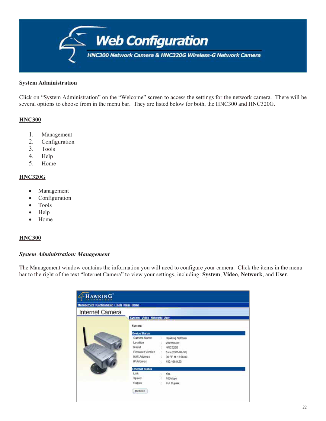 Hawking Technology HNC300, HNC320G manual System Administration Management 