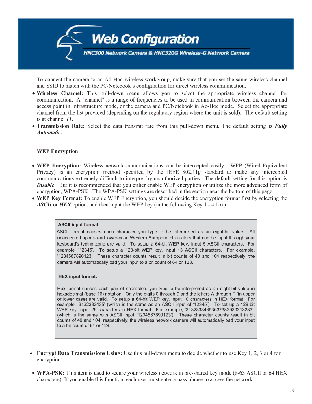 Hawking Technology HNC300, HNC320G manual WEP Encryption, Ascii input format 