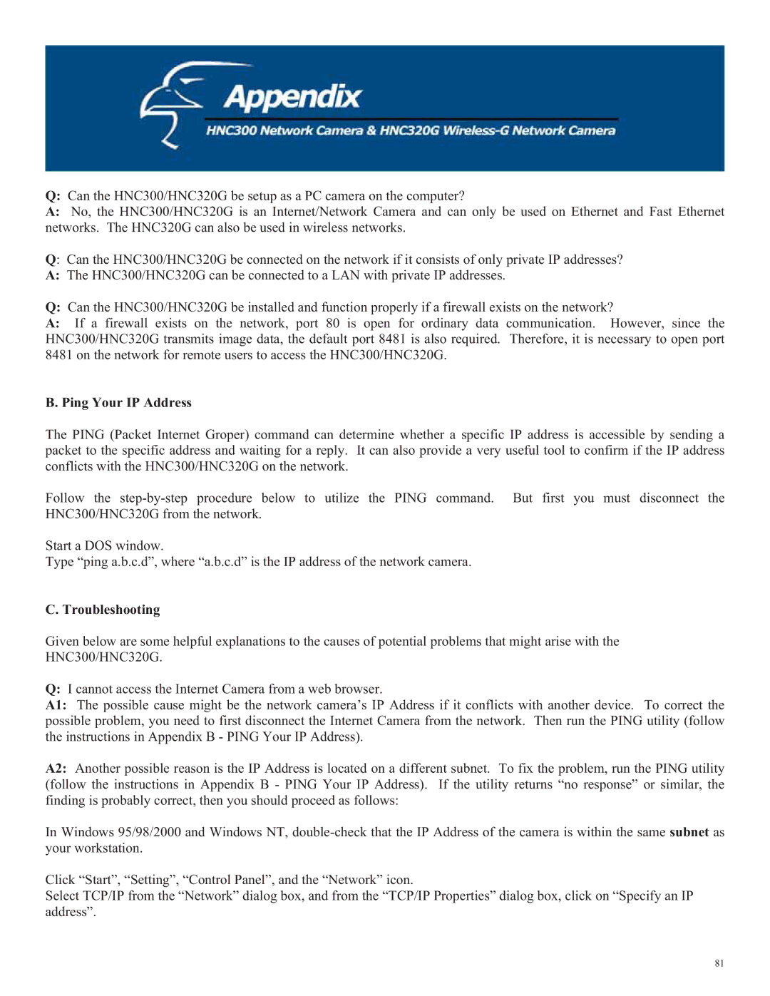 Hawking Technology HNC320G, HNC300 manual Ping Your IP Address, Troubleshooting 