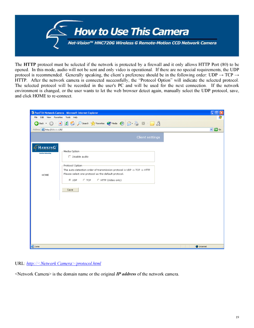 Hawking Technology HNC720G manual URL http//Network Camera/protocol.html 