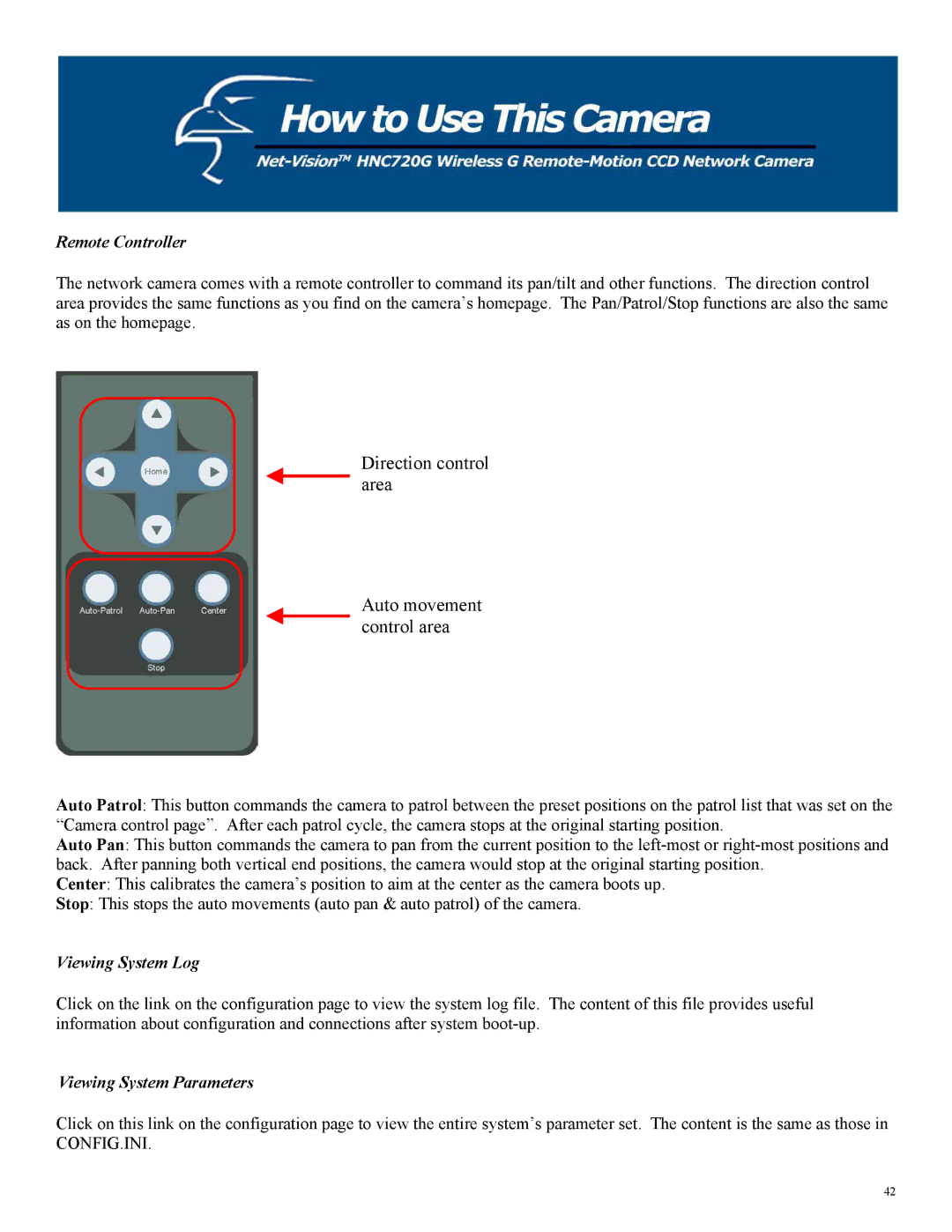 Hawking Technology HNC720G manual Remote Controller, Viewing System Log, Viewing System Parameters 