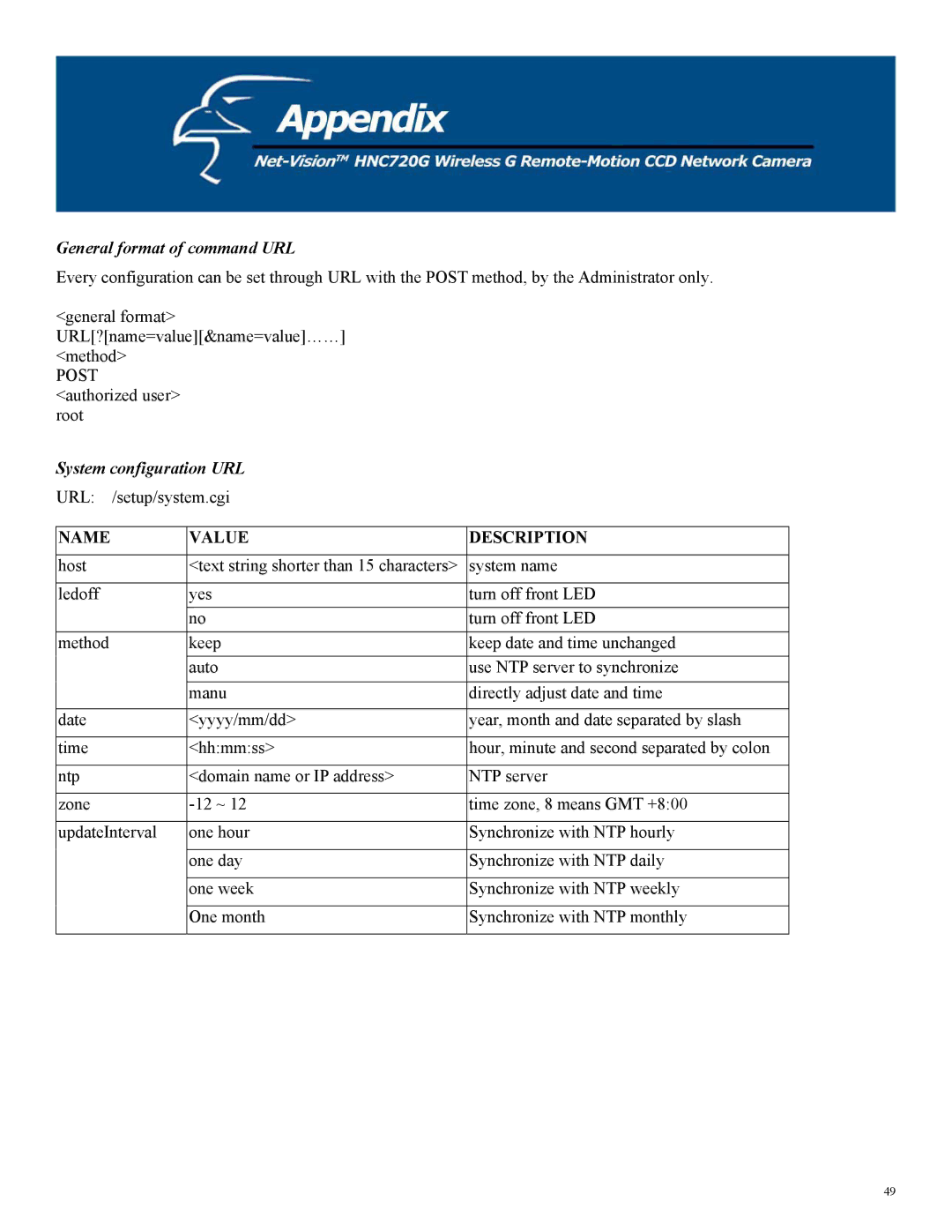 Hawking Technology HNC720G manual General format of command URL, System configuration URL 