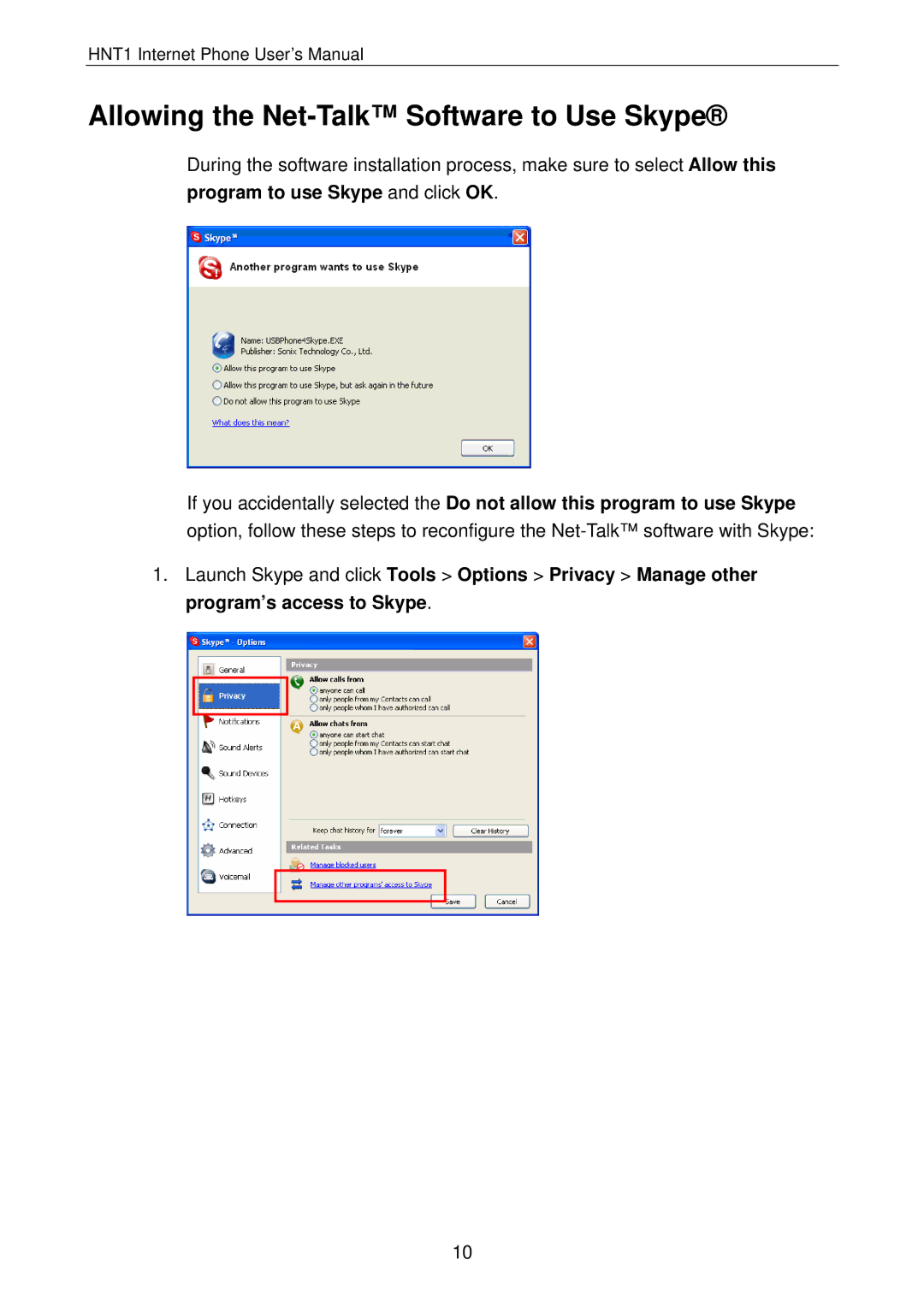 Hawking Technology HNT1 manual Allowing the Net-Talk Software to Use Skype 