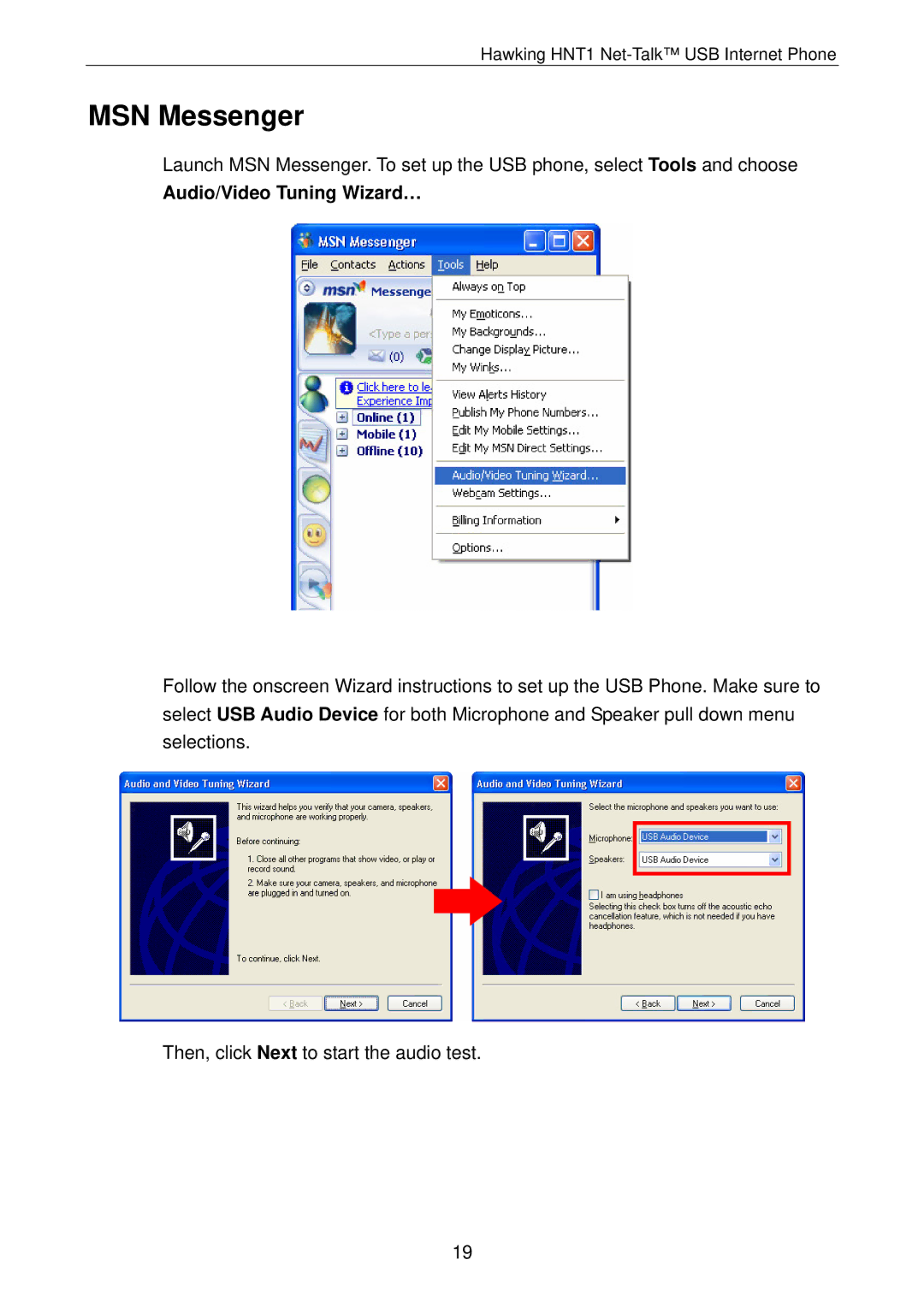 Hawking Technology HNT1 manual MSN Messenger, Audio/Video Tuning Wizard… 