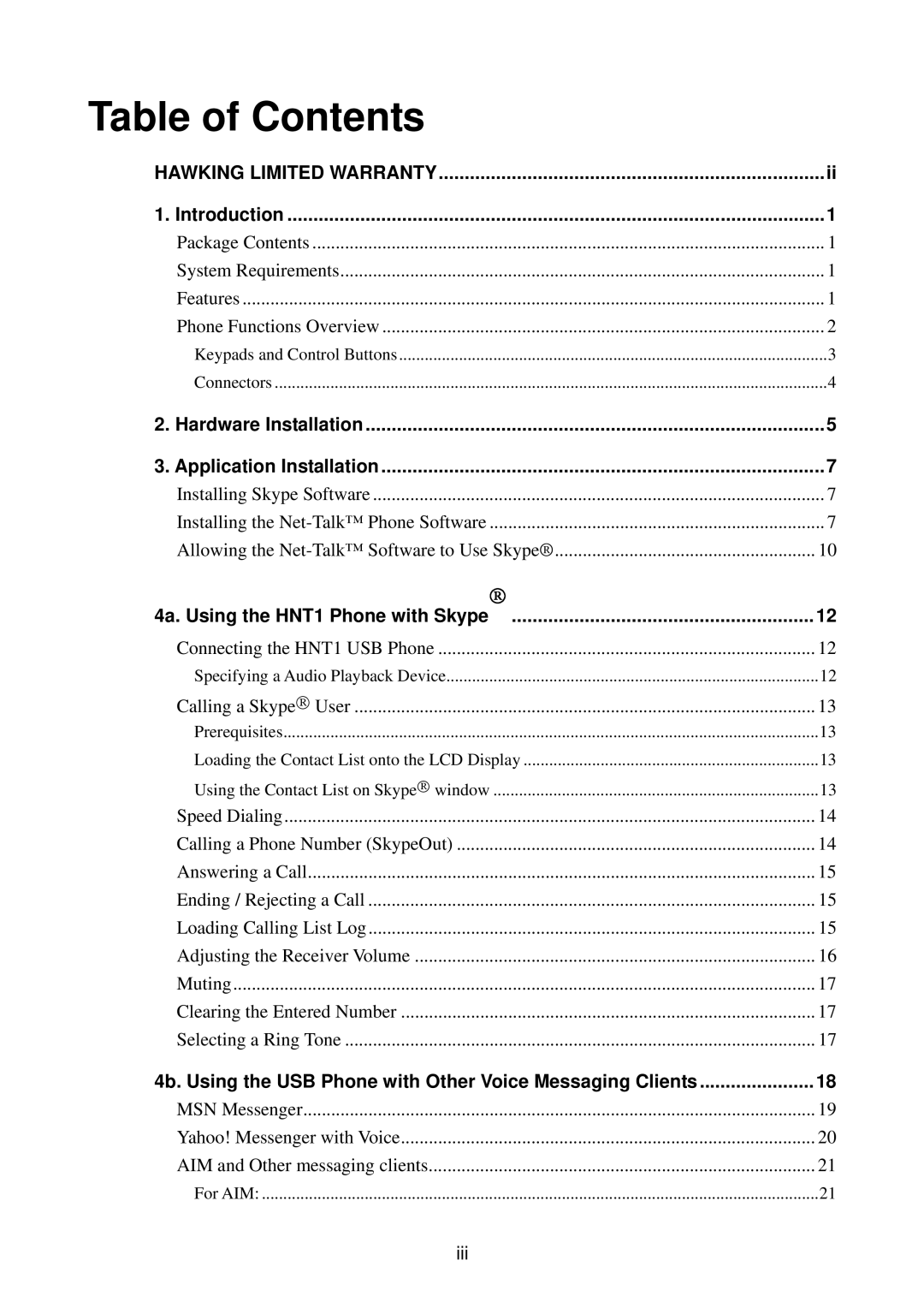 Hawking Technology HNT1 manual Table of Contents 