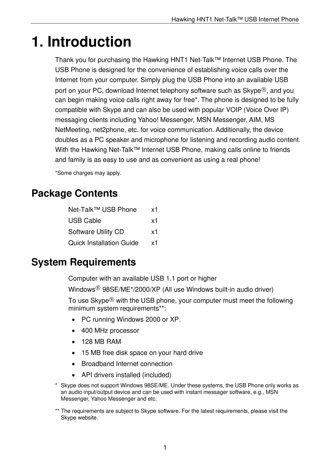 Hawking Technology HNT1 manual Introduction, Package Contents, System Requirements 