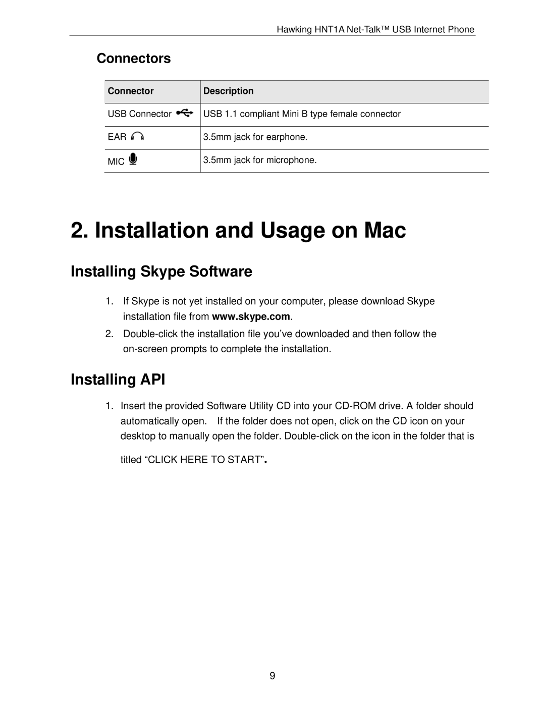 Hawking Technology HNT1A manual Installation and Usage on Mac, Installing Skype Software, Installing API, Connectors 