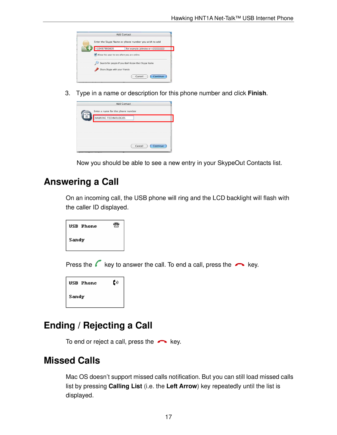 Hawking Technology HNT1A manual Answering a Call, Ending / Rejecting a Call, Missed Calls 