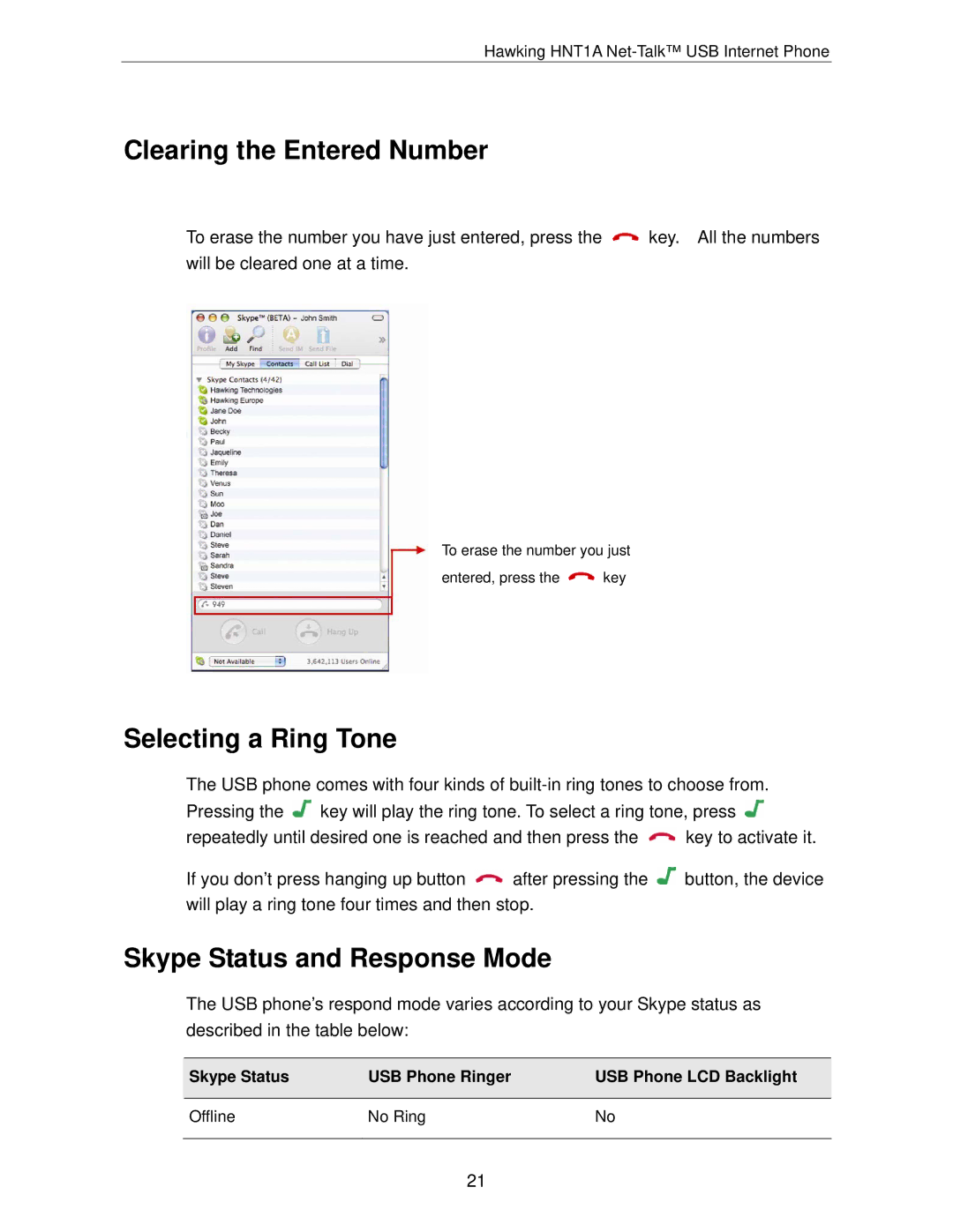 Hawking Technology HNT1A manual Clearing the Entered Number, Selecting a Ring Tone, Skype Status and Response Mode 