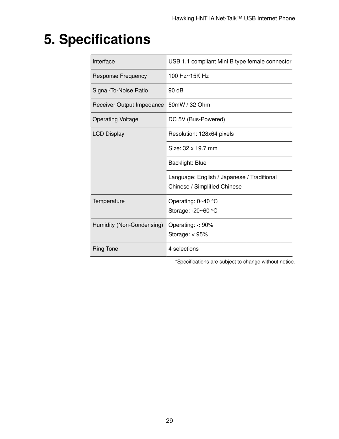 Hawking Technology HNT1A manual Specifications 